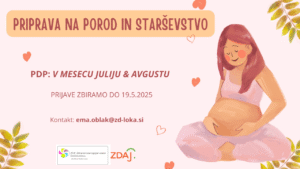 Skica nosečnice z napisom o tečaju "Priprava na porod in starševstvo", ki bo v Škofji Loki v juliju in avgustu 2025.